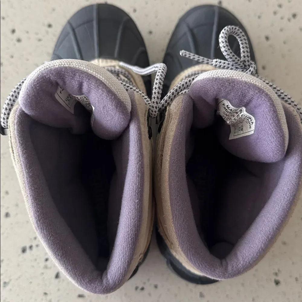 Columbia Snow King Women’s Leather Rubber Beige Gray Purple Snow Boots Size 6.5